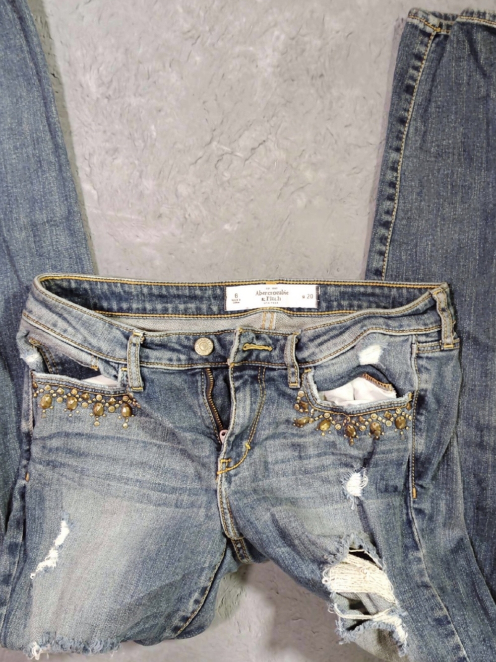 Abercrombie & Fitch Women's Distressed Blue Jeans with Gold Bead Embellishments